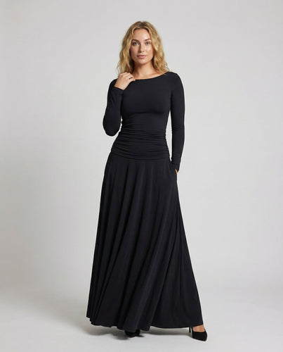 Damen Elastische Geraffte-Taille Langes-Kleid