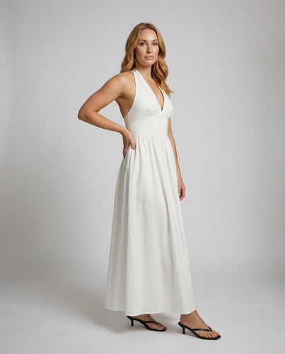 Damen Lange Miederpasse Leinenmix-Maxikleid