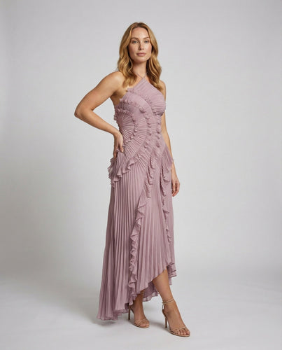 Damen Plissierte Halterkragen Maxikleid