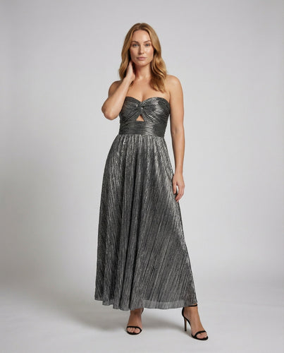 Damen Plissierte Schlüsselloch-Ausschnitt Maxikleid