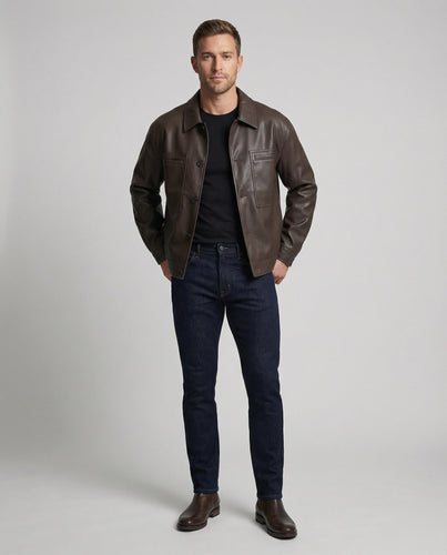 Herren Kunstleder-Workerjacke Weit Brusttaschen