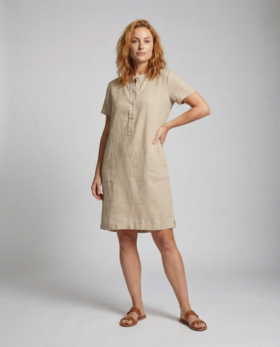 Damen Leinen Hemdkleid mit Hüfttaschen