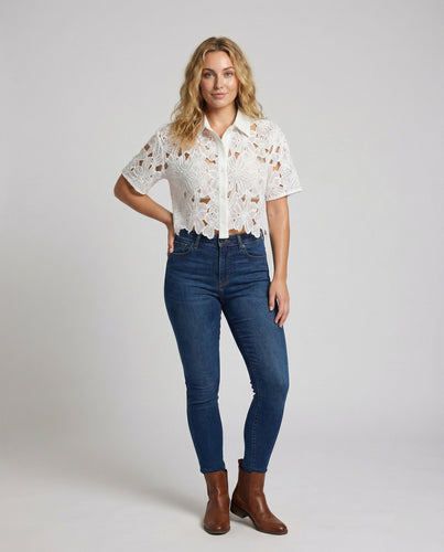 Damen Häkel Spitzenbluse mit Blumenmotiv