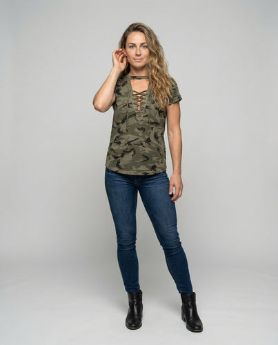 Damen Tarnmuster Schnür-Kurzarmshirt