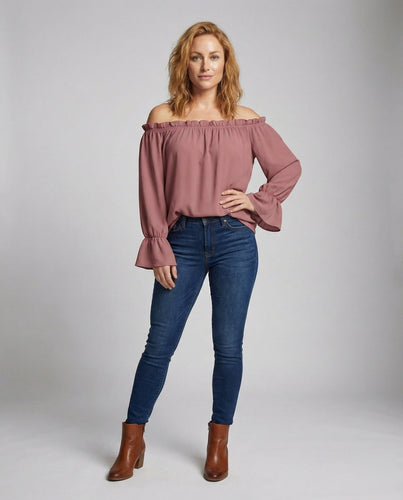 Damen Schulterfreie Rüschenkragen Baumwollmix-Bluse