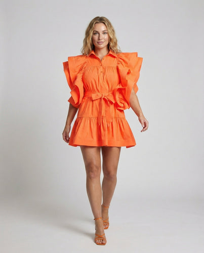 Damen Stufenrock Volantärmel Hemdblusenkleid