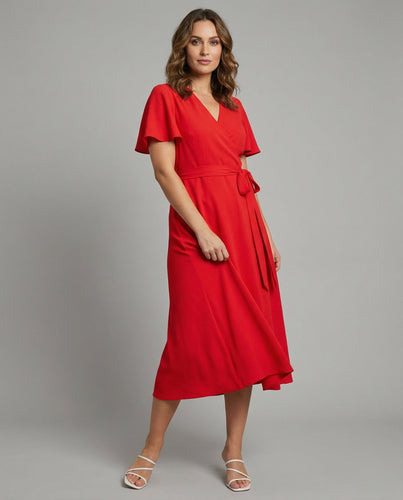Damen Beinschlitz Volantärmel Wickel-Midikleid