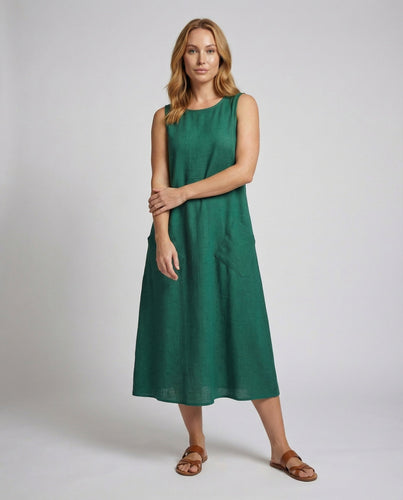 Damen nan ärmelloses A-Linien‑Maxikleid mit aufgesetzten Diagonaltaschen und strukturierter Leinenoptik Drune