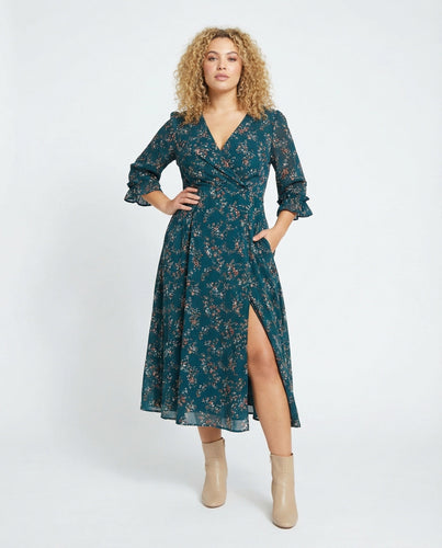 Damen nan fließendes Maxi-Wickelkleid mit V-Ausschnitt, Taillenzug und hohem Beinschlitz Drune
