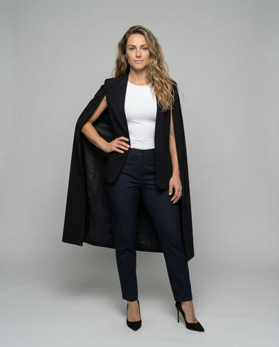 Damen lange Capejacke mit offener Vorderseite und taillierter Passform Drune