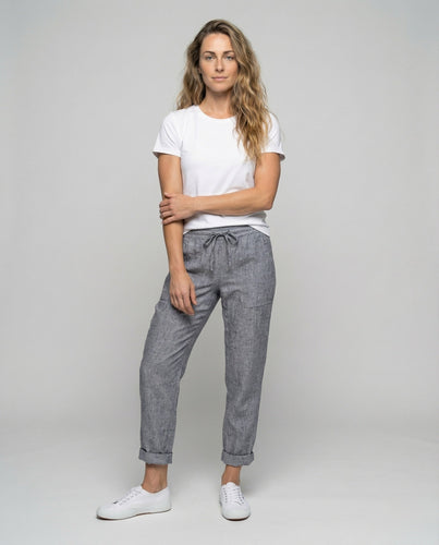Damen nan lässige Leinenmix-Hose mit Tunnelzug, seitlichen Eingrifftaschen und umgeschlagenem Saum Drune