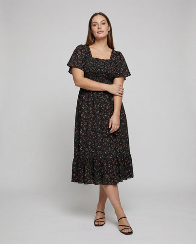 Damen nan Midikleid mit gesmoktem Oberteil, Quadratausschnitt, Puffärmeln und Stufenvolant Drune