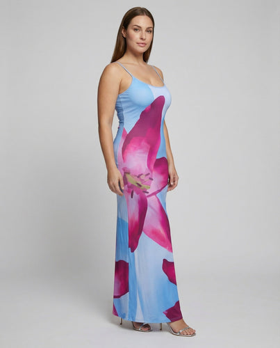 Damen nan schmal geschnittenes Slip-Maxikleid aus Stretchjersey mit Spaghettiträgern, großflächigem Orchideen-Digitalprint und seitlichem Beinschlitz Drune