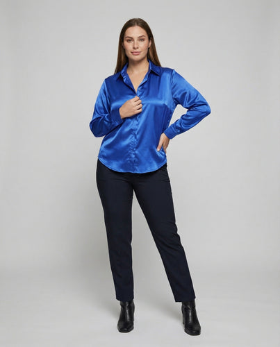 Damen nan seidige Satinbluse mit Hemdkragen, durchgehender Knopfleiste und legerer Oversize-Passform Drune