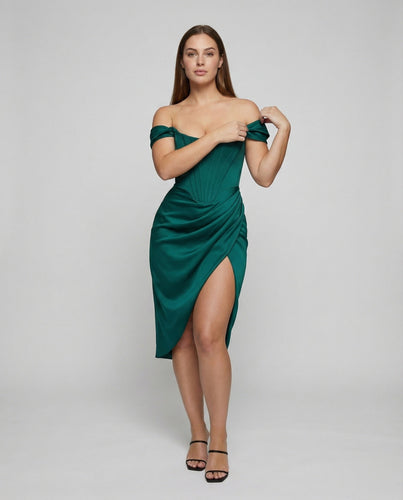 Damen nan tailliertes Off-Shoulder Korsett-Midikleid mit Verstärkter Corsage, Drapierter Hüftpartie und Seitlichem Beinschlitz Drune