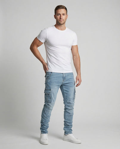 Herren nan konisch zulaufende Cargo-Jeans mit aufgesetzten Klappentaschen, verwaschener Optik und Elastananteil Drune