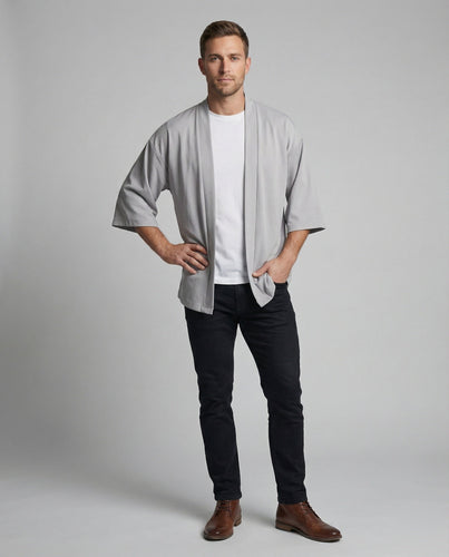 Herren nan offene weitgeschnittene Kimono-Jacke aus fließendem Jersey mit Seitentaschen und Dreiviertelärmeln Drune