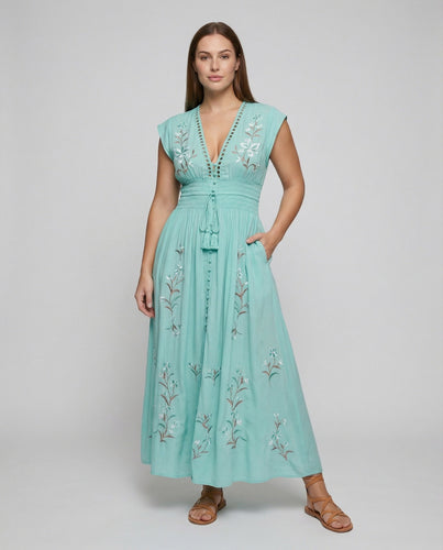 Damen Bestickte Boho Mischgewebe Maxikleid
