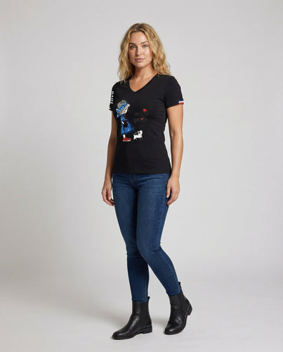 Damen Schmale Motiv-Print Mischgewebe T-Shirt