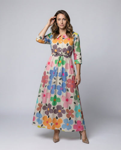 Damen Florale Geraffte Mischgewebe Hemdblusen-Maxikleid