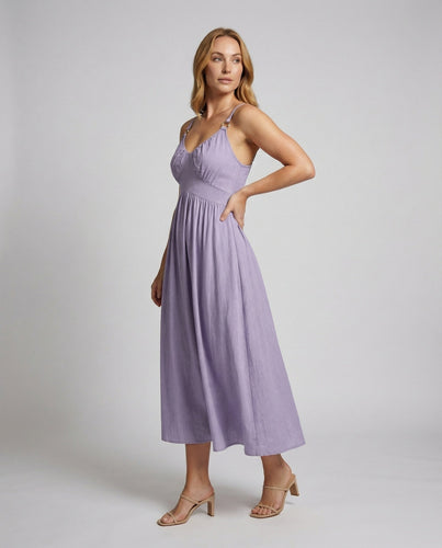 Damen Luftige Empire-Taille Leinen-Baumwoll Maxikleid