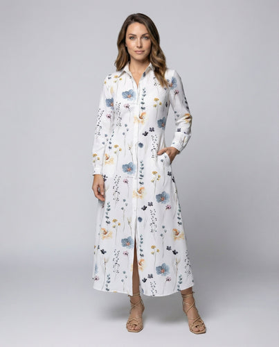 Damen Klassische Taillierte Mischgewebe Maxi-Hemdkleid