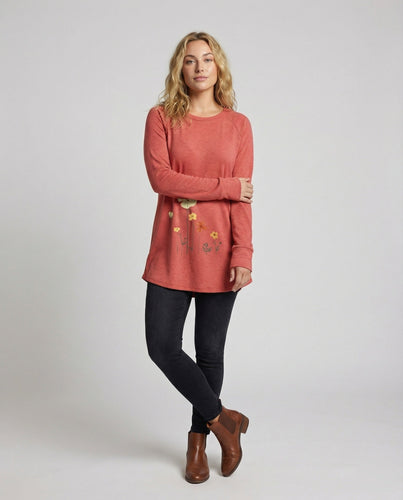Damen Florale Raglanärmel Mischgewebe Longshirt