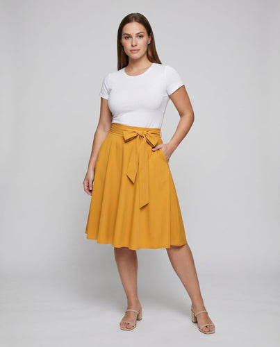 Damen Feminine Breite Taillenschleife Mischgewebe Teller-Midirock