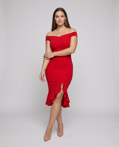 Damen Elegante Asymmetrischer Rüschen-Schlitz Mischgewebe Midikleid