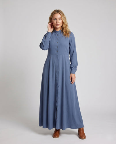 Damen Klassische Weiter Tellerrock Mischgewebe Stehkragen-Maxikleid