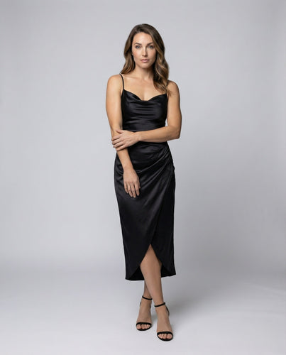 Damen Satin-Slipkleid Wasserfall-Ausschnitt Beinschlitz