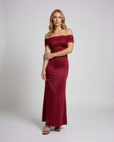Damen Satin-Abendkleid Schulterfrei Drapierung