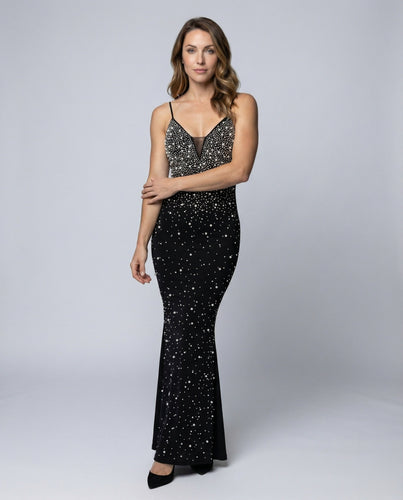 Damen Maxikleid Perlenapplikation Spaghettiträger