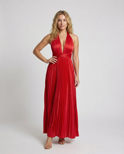 Damen Halter-Maxikleid Plissee V-Ausschnitt