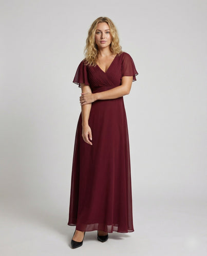 Damen Maxikleid V-Dekolleté Flügelärmel Taillenpasse