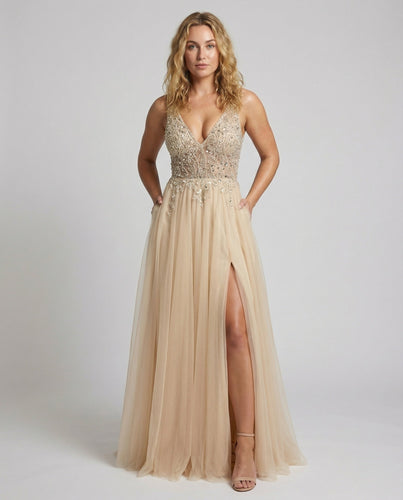 Damen Tüll-Abendkleid Mesh-Korsett Beinschlitz