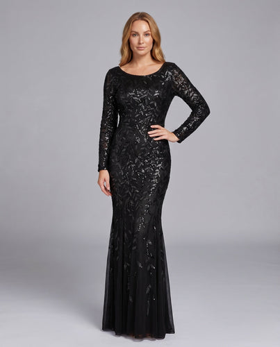 Damen Trompeten-Abendkleid Stickerei Tüll Langarm