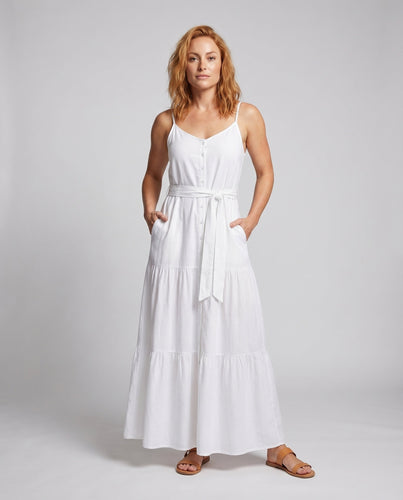 Damen Leinenoptik-Maxikleid Spaghettiträger Bindegürtel Stufen