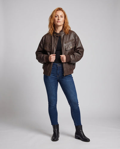 Damen Lederblouson Stehkragen Reißverschlussfächer