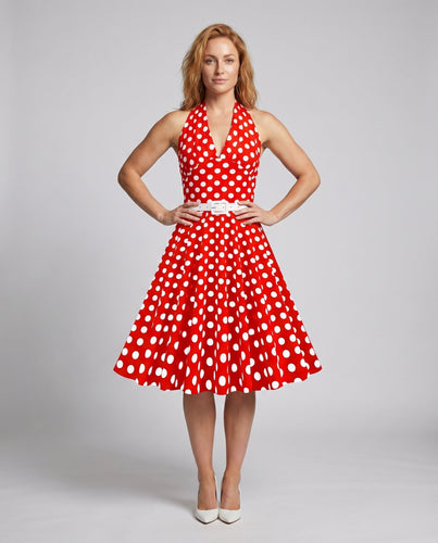 Damen Neckholder-Swingkleid Tellerrock Taillengürtel