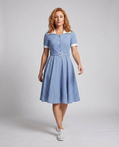 Damen Retro-Swingkleid Tellerrock Kontrastkragen Gürtel