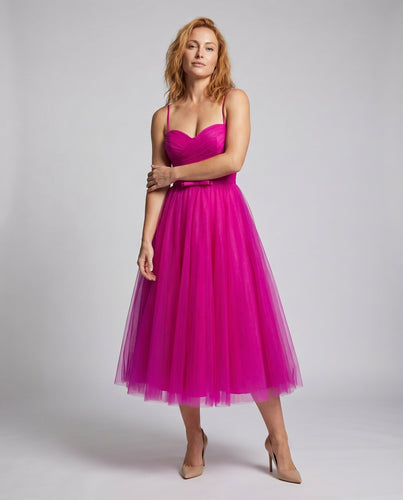 Damen Tüll-Midikleid Herzausschnitt Glockenrock Gerafft