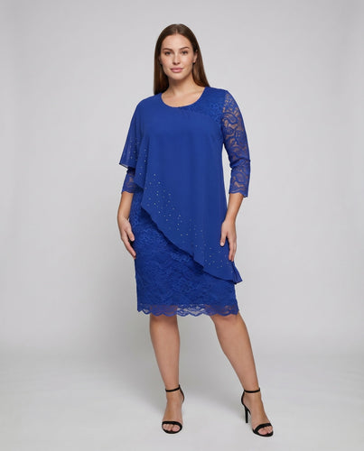 Damen Chiffon-Midi-Set Spitzenrock Asymmetrisches Overlay