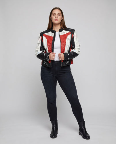 Damen Motorsport-Bomberjacke Lederstruktur Schulterpasse Druckmotive