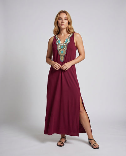 Damen Ärmelloses Boho-Maxikleid Bruststickerei Beinschlitz V-Ausschnitt