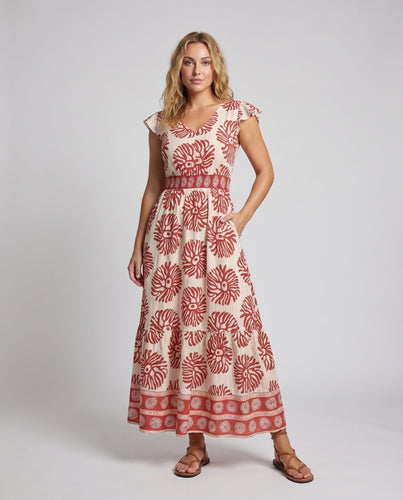 Damen Boho-Maxikleid V-Ausschnitt Geraffte Taille Stufenrock