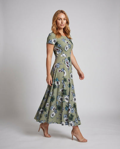 Damen Maxikleid Tailliertes Mieder Tellerrock Kurzarm