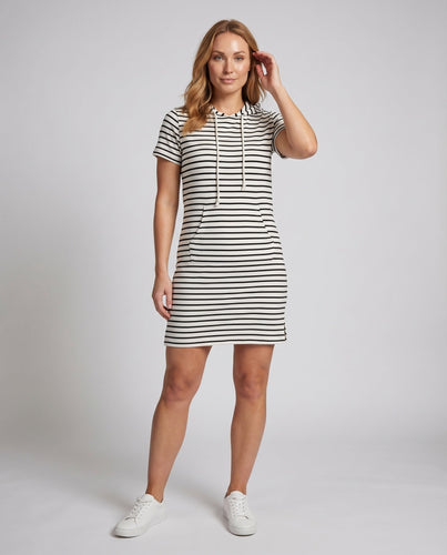 Damen Kapuzen-Sweatkleid Kängurutasche Seitenschlitz Kurzarm