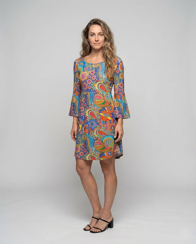Damen Paisley-Swingkleid Glockenärmel Unterbrust-Raffung Knielang