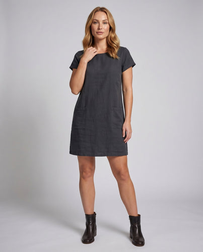 Damen Leinenmix-Kleid Oversize-Shift Rundhals Seitentaschen
